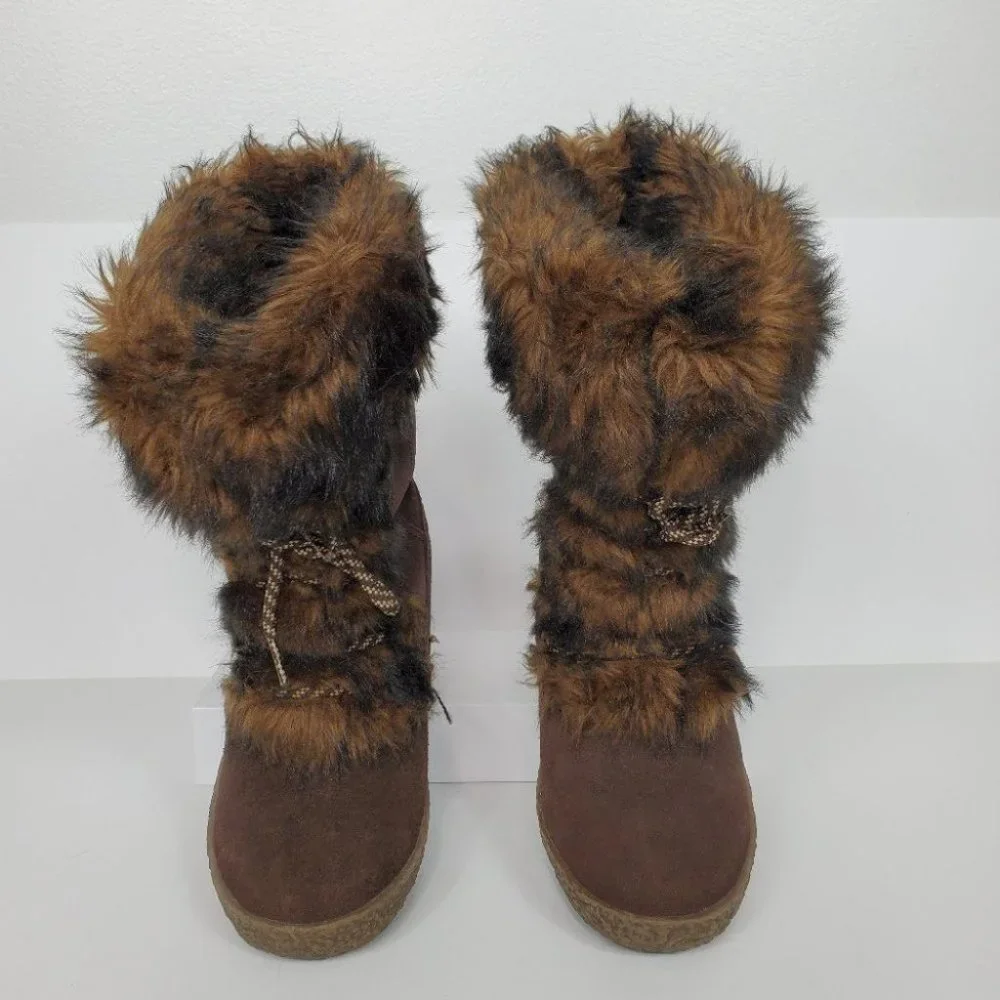 Brilliant Brown Leather Wedge Waterproof Boots Size 8M